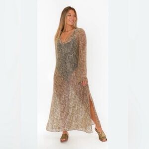Leopard Print Women's Sheer Long Sleeve Hight Slit Swim Cover Up Dress